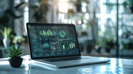 Poster - A laptop displaying virtual screens presenting energy efficiency ratings and benefits of incorporating energy recovery ventilation systems in building design. Generative AI.