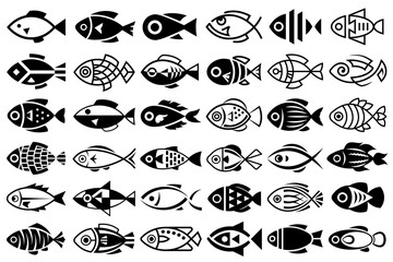 Wall Mural - Fishes illustration set. Abstract decorated black and white fish icons. Stylized, decorative underwater creatures designs. Black geometric vector fishes isolated on white background.