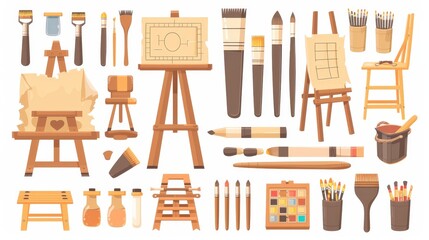 Wall Mural - Painter craft supplies icon png cartoon set. Education equipment and accessory design. Simple canvas with creative sketch asset.