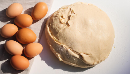 Wall Mural - Fresh yeast dough for baking and chicken eggs on white table. Culinary concept. Top view.