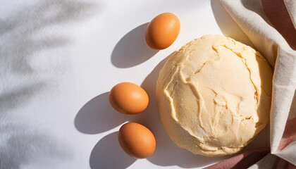 Wall Mural - Fresh yeast dough for baking and chicken eggs on white table. Culinary concept. Top view.