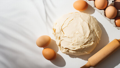 Wall Mural - Fresh yeast dough for baking and chicken eggs on white table. Culinary concept. Top view.