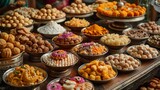 Traditional Indian sweets and dishes beautifully arranged on the table. It showcases the delicious food associated with Diwali celebrations.