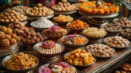 traditional indian sweets and dishes beautifully arranged on the table. it showcases the delicious f
