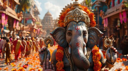 Wall Mural - Hyper-realistic portrayal image of Ganesh Chaturthi celebration in Goa, featuring a vibrant procession for Ganesh Visarjan.