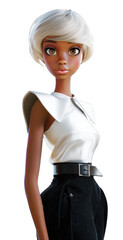 Fashion afro lady boss character in elegant look on transparent background.