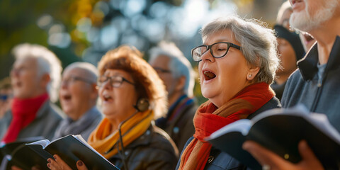 Group of senior women and men singing together at choir rehearsal. A community choir performing at a local nursing home. Hobbies and leisure for elderly people.