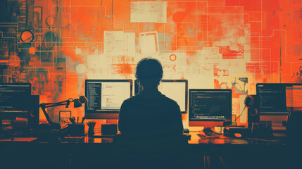 Retro office poster of a programmer in the workplace.