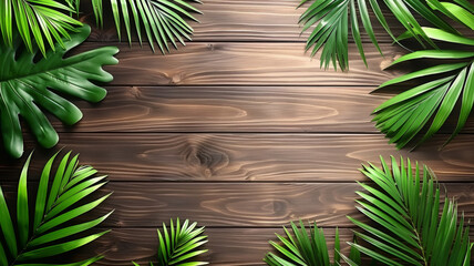 Wall Mural - A wooden background with green leaves surrounding it