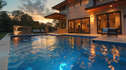 Poster - A rectangular blue fiberglass swimming pool sits in the backyard in the evening on a clear. Generative AI.