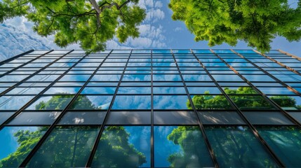 Wall Mural - A tall building with a lot of windows and trees reflected in them