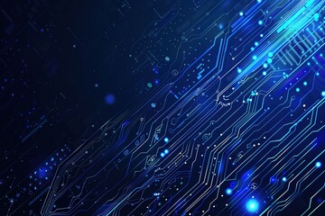 Blue background with a circuit board pattern and technology concept vector illustration in a flat design style