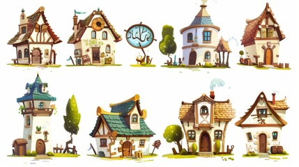 Wall Mural - Dwellings time line from single story construction to modern cottage front view isolated on white. Housing technology progress modern illustration.