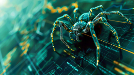 A spider is crawling on a green background with a lot of lines and numbers