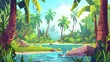 The swamp in a tropical forest is a fairy landscape with marsh, trees trunks, bog grass and rocks. Modern cartoon illustration of a tropical jungle, rain forest with a river.