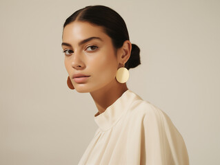 Fashion shot of a young Spanish woman in a beige blouse and gold earrings, AI-generated.