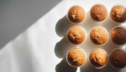 Wall Mural - Freshly baked bran muffins on white table. Tasty food for breakfast. Delicious baked goods. Top view