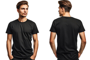 Young male in blank black t-shirt, front and back view, isolated on transparent background With clipping path. cut out. 3d render
