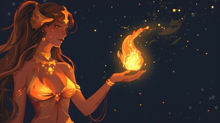 The magical woman, nymph looking on the wizard fire on the hand, wearing a loincloth, top, and gold jewelry, surrounded by glowing blaze at night, cartoon modern illustration.