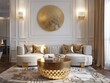 Art deco interior design of modern living room, home. Golden coffee table near sofa against white wainscoting. 