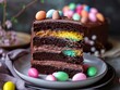 chocolate cake with colorful eggs and frosting on a plate 