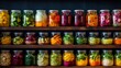 © Zainab - A vibrant collection of assorted fermented foods displayed in clear glass jars, featuring a colorful array of textures and hues from vegetables and fruits, symbolizing healthy probiotic rich cuisine