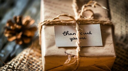 A thank you note attached to a gift wrapped in paper