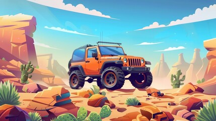 Wall Mural - Driving road in desert or canyon with ad billboard and rocks around. Desert roads with skyline and rocky barren wasteland. Cartoon modern illustration.