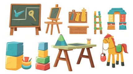 Poster - The chalkboard, desk, chair, block cubes, toys, games, horse, paints and easel are all part of the children's playroom or school furniture. Cartoon modern set isolated on white background.