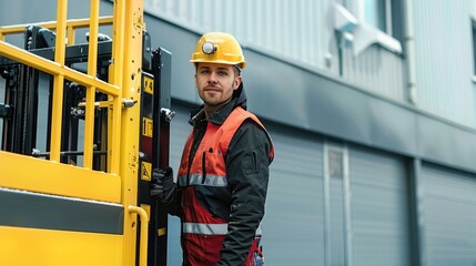 Poster - A happy construction worker standing next to a brand new Order Picker with a fully extended arm, outdoor industrial setting. Generative AI.