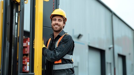 Poster - A happy construction worker standing next to a brand new Order Picker with a fully extended arm, outdoor industrial setting. Generative AI.