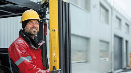 Poster - A happy construction worker standing next to a brand new Order Picker with a fully extended arm, outdoor industrial setting. Generative AI.