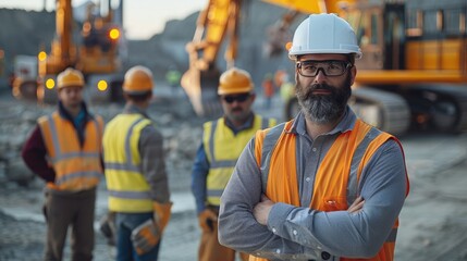 Poster - A team of civil engineers and construction workers, led by a engineer, standing in front of a construction site with heavy machinery in the background. Generative AI.