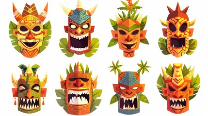 Wall Mural - Masks of tiki, tribal wooden totems, Hawaiian or polynesian attributes, scary faces on white background with teeth. Cartoon modern illustration, icons.