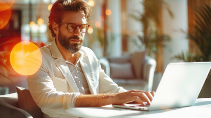 Aufkleber - Professional executive using a laptop in a bright light modern contemporary office. Generative AI.