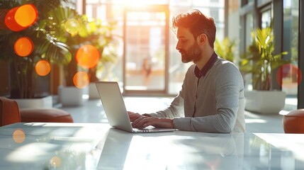 Aufkleber - Professional executive using a laptop in a bright light modern contemporary office. Generative AI.
