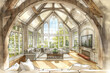 Cozy corner gaze across a vast room with high cathedral ceilings and large arched windows.
