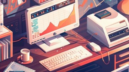 Poster - Data report infographic chart, analysis and research banner. Modern landing page with isometric illustration of retro computer with printer, graph and diagram.