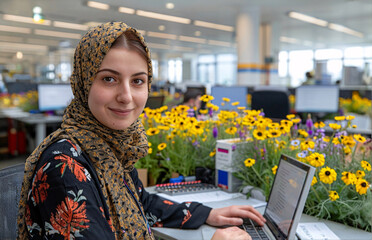 Wall Mural - Portrait of a muslim woman wearing hijab working on laptop in office.