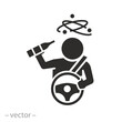 dizziness from alcohol in car icon, drunk driving, man holds bottle to drink, flat vector illustration