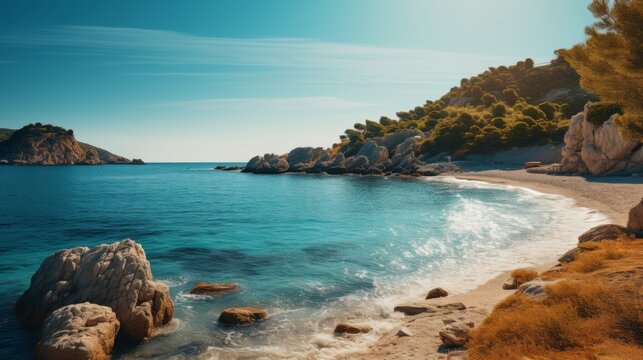 Sun shines to beautiful bay with a small beach and views of the blue sea and rocks