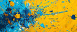 Splatters of cerulean blue and radiant yellow scattering across a blank canvas, their vivid hues colliding and merging together in a mesmerizing display of abstract artistry and expression.