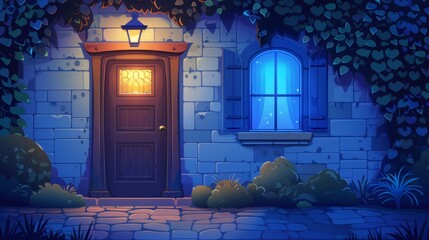 Wall Mural - Front of house with door and window at night. Lanterns illuminate brick wall and window of vintage residential building with stone frame front door.