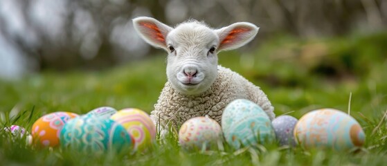 Lamb sitting in field of Easter eggs