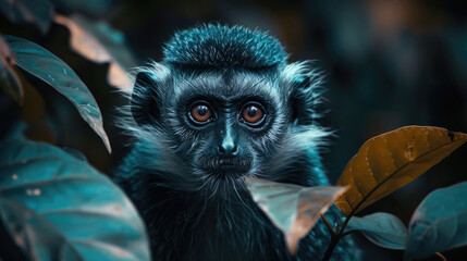 Symmetrical close-up photo of langur in natural forest