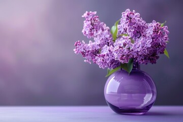 Sticker - Purple vase stands on the table with fragrant fresh lilacs