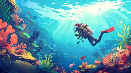 Wall Mural - A 2D underwater landscape with a scuba diver woman exploring the sea bottom in her diving mask. The background is animated with separated layers in the style of a cartoon modern illustration.