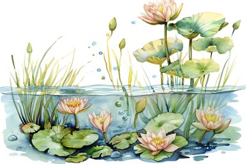 A beautiful watercolor painting of water lilies in a pond