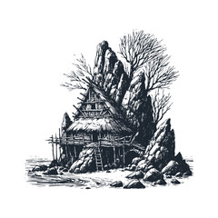 Sticker - The Stone house. Black white vector logo illustration.	