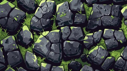 Wall Mural - Surface texture of rocks and stones for game background. Modern cartoon seamless patterns of cracked concrete, stacked stone blocks, and black and green rock blocks.